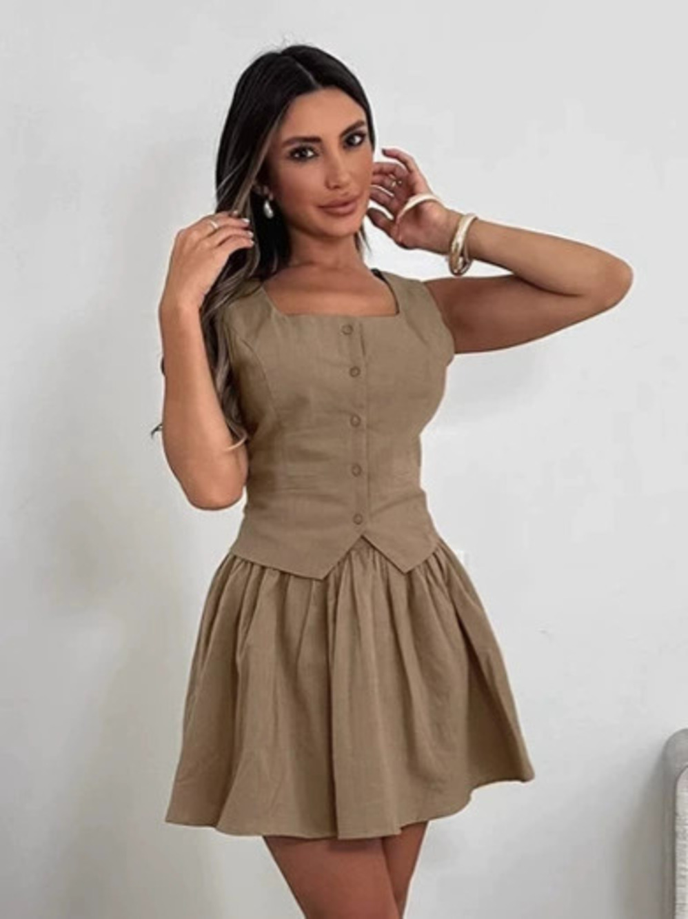 Forever 21 Cotton Linen Vest A-Line Skirt Set Summer Khaki